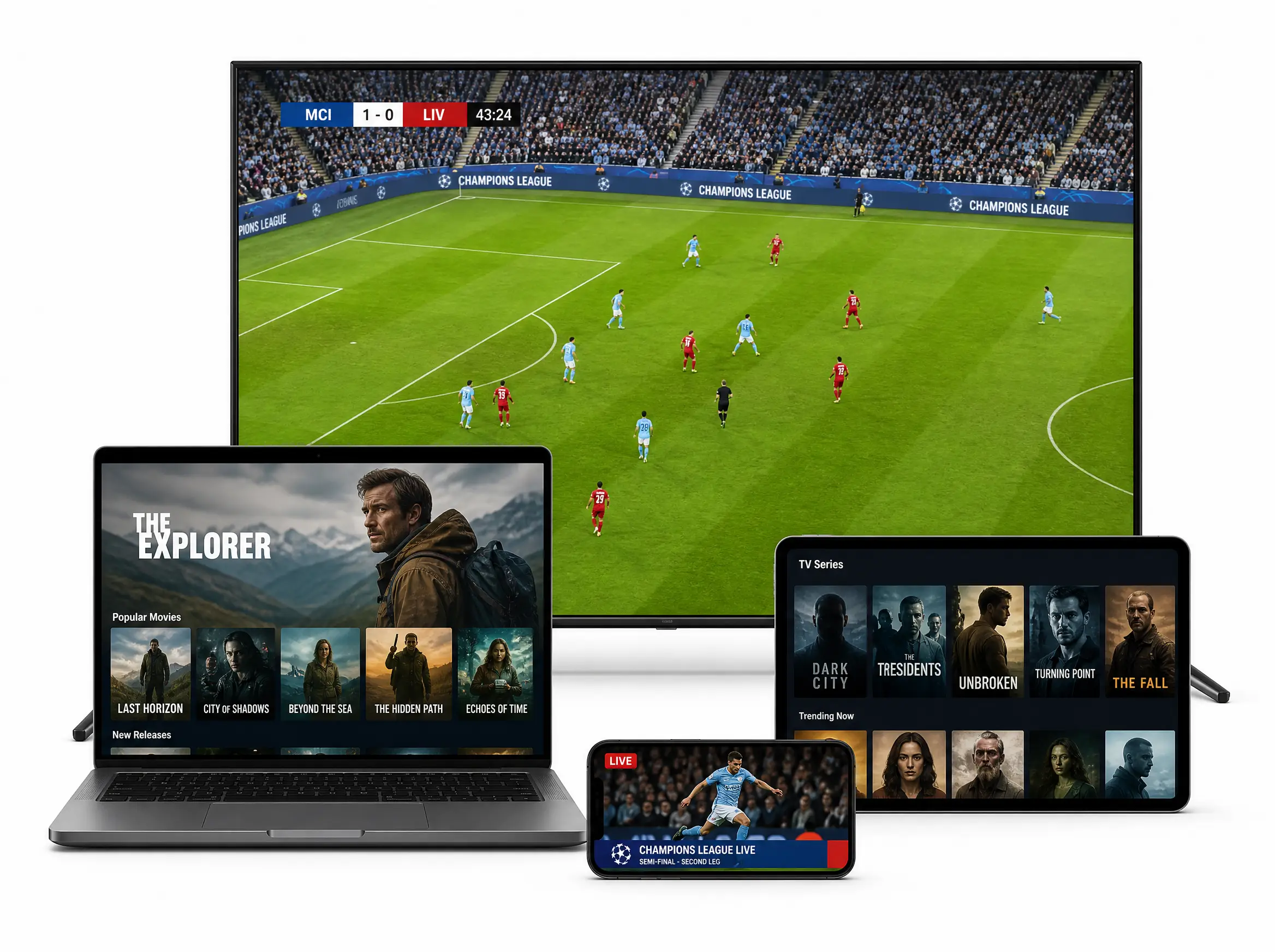 Smart TV, laptop, nettbrett og mobil som spiller innhold fra iptv norge