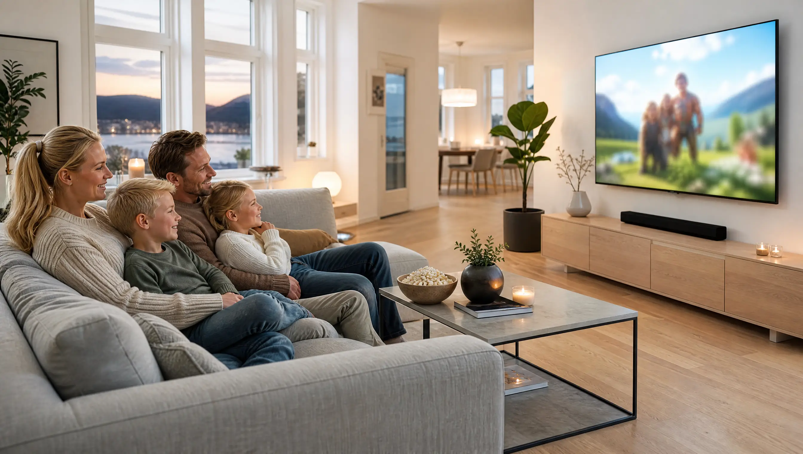 Norsk familie som ser på TV med iptv norge