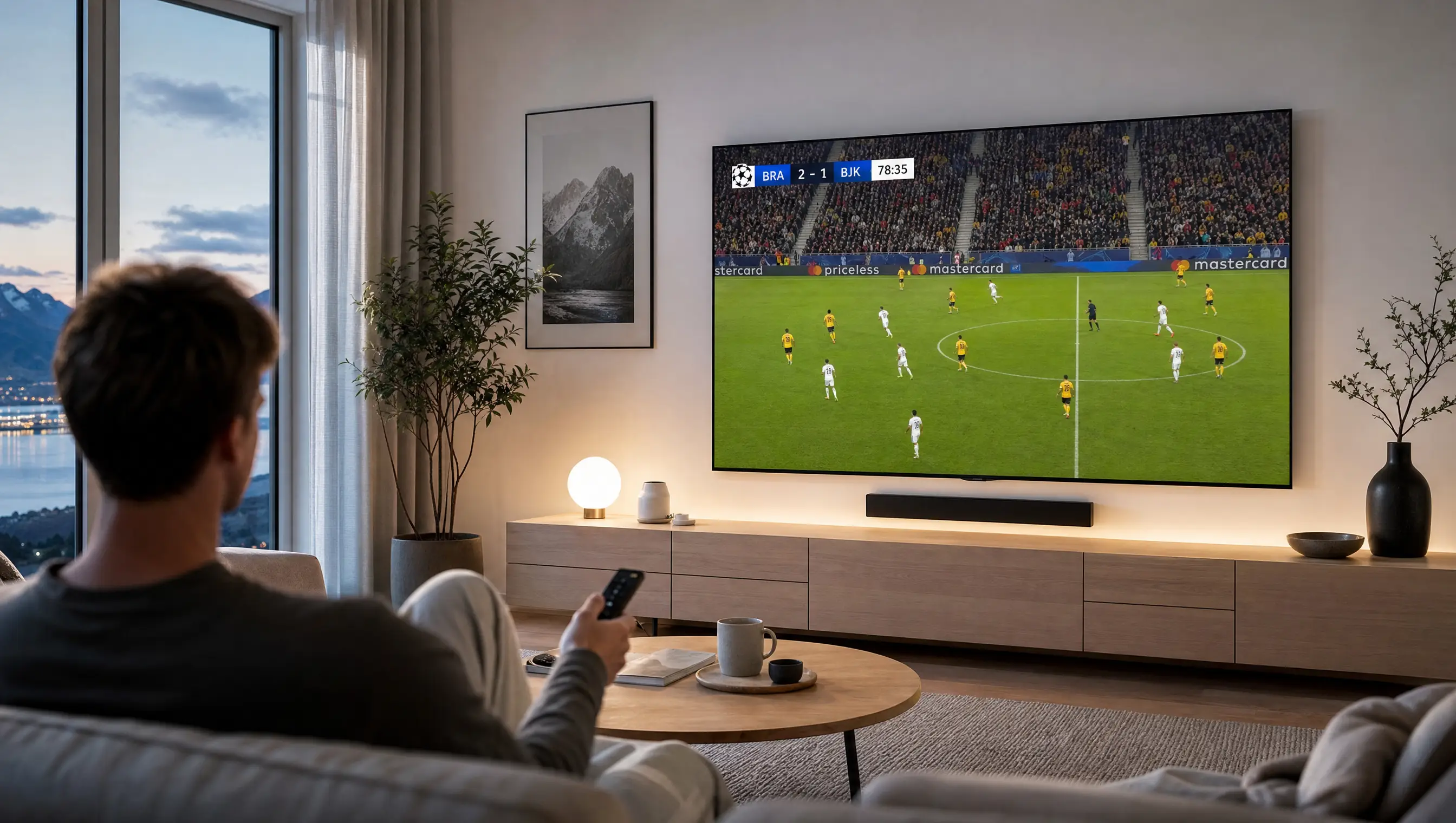 Smart TV som viser en direktesendt fotballkamp med grønn bane og resultattavle – iptv norge