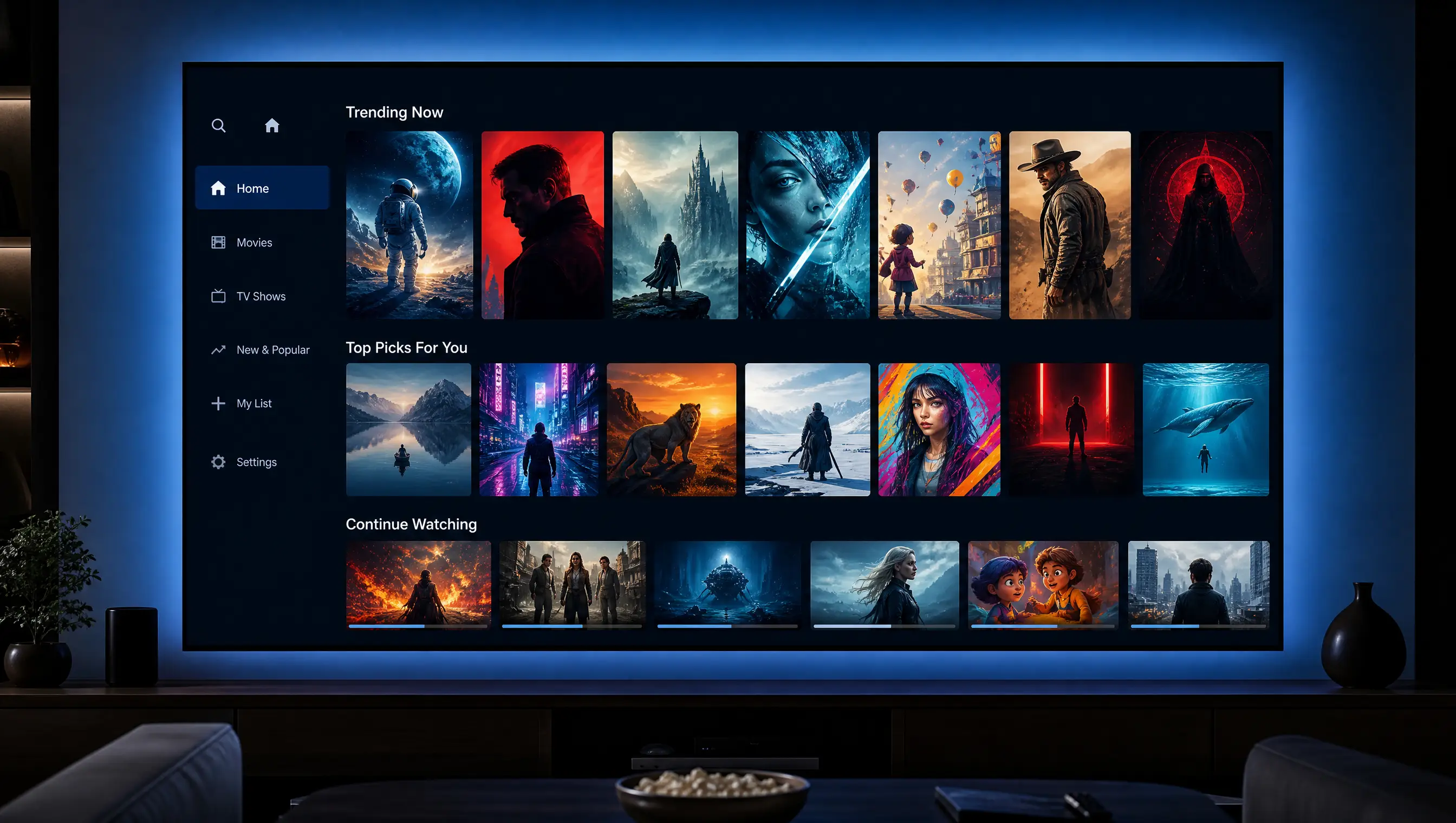 Smart TV med et rutenett av filmer og serier – filmbibliotek hos iptv norge