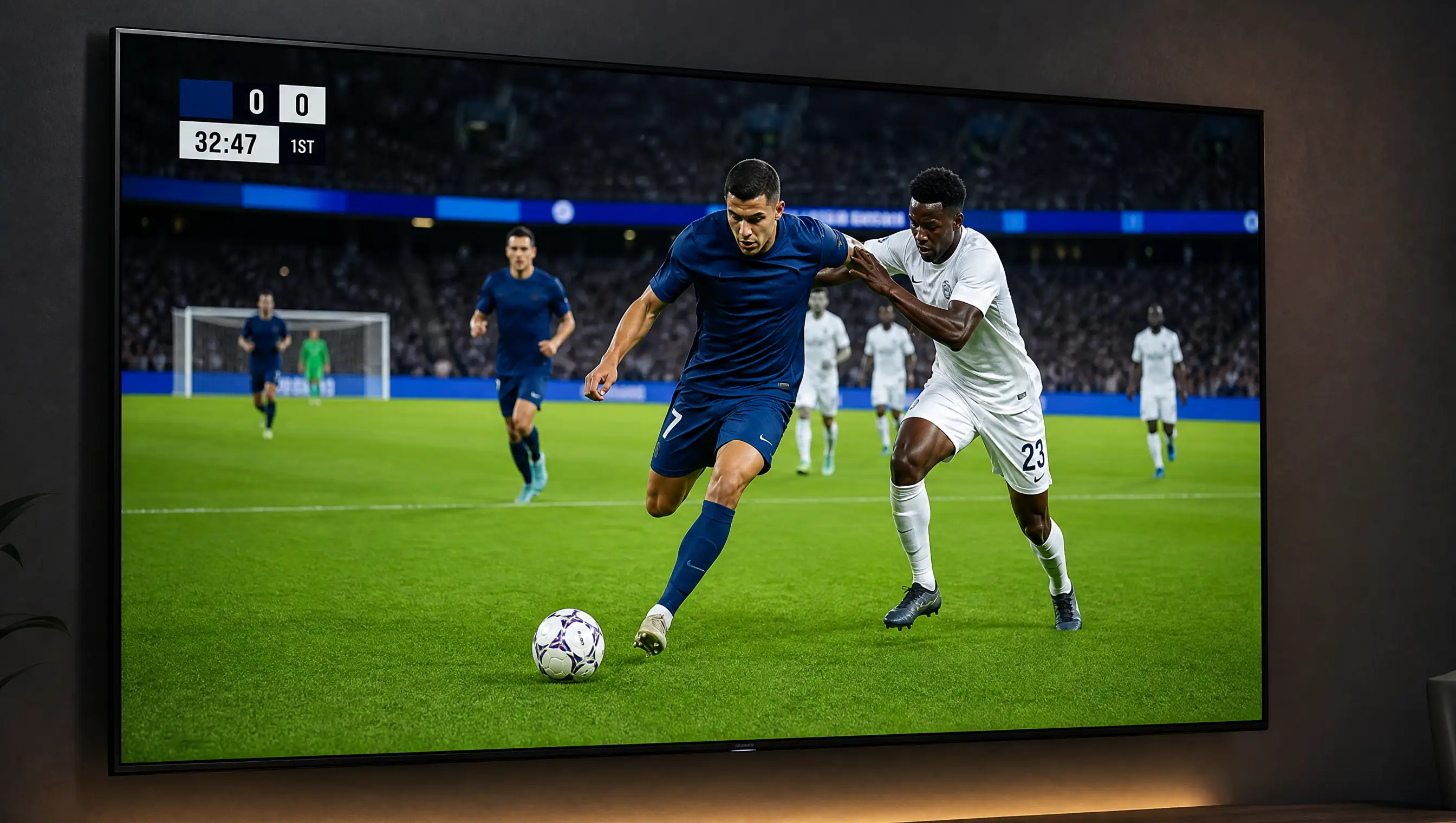 TV som viser live fotballkamp med resultattavle på iptv norge