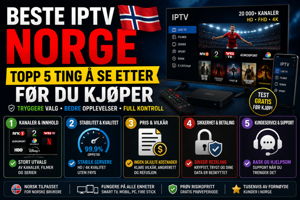 Guide til beste IPTV i Norge med fem viktige kjøpskriterier: kanalutvalg, stabilitet, pris og vilkår, sikker betaling og kundeservice.