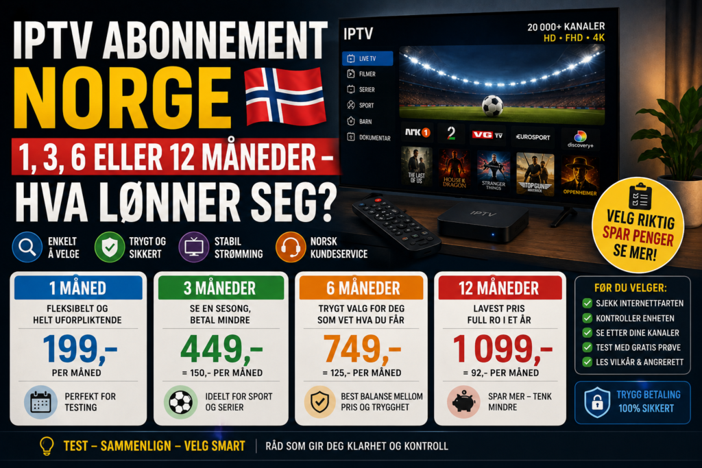 Sammenligning av IPTV-abonnement i Norge for 1, 3, 6 og 12 måneder, med priser, Smart TV, norsk flagg og sjekkliste for trygg betaling og riktig valg.