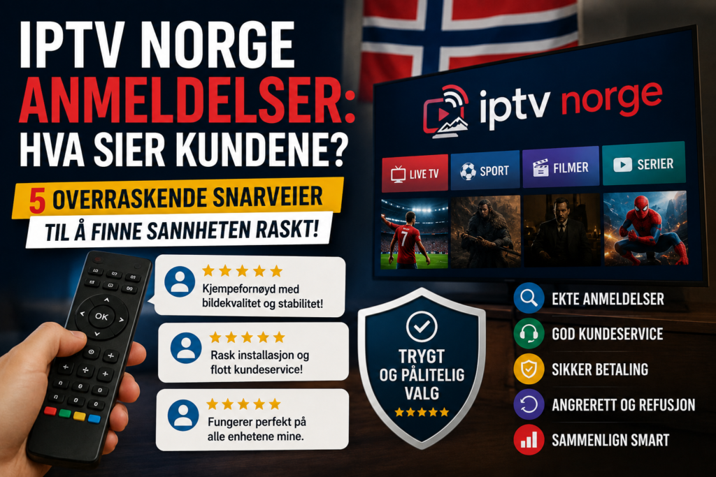 IPTV Norge-anmeldelser med kundevurderinger, fem stjerner, Smart TV, fjernkontroll og symboler for kundeservice, sikker betaling og refusjon.