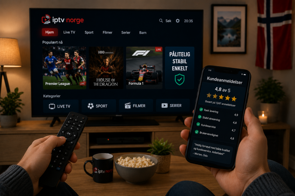 Person sammenligner IPTV Norge-kundeanmeldelser på mobil mens en IPTV-tjeneste vises på Smart TV i en norsk stue.