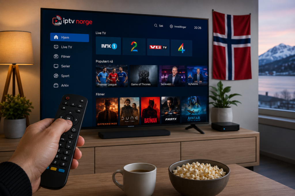 Person bruker fjernkontroll til å se IPTV på en Smart TV i en norsk stue, med norsk flagg og IPTV Norge-logo på skjermen.