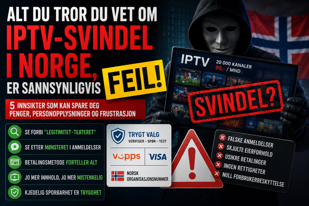 Advarsel mot IPTV-svindel i Norge med maskert svindler, falskt IPTV-tilbud, norsk flagg og faresymboler for usikre betalinger og falske anmeldelser.