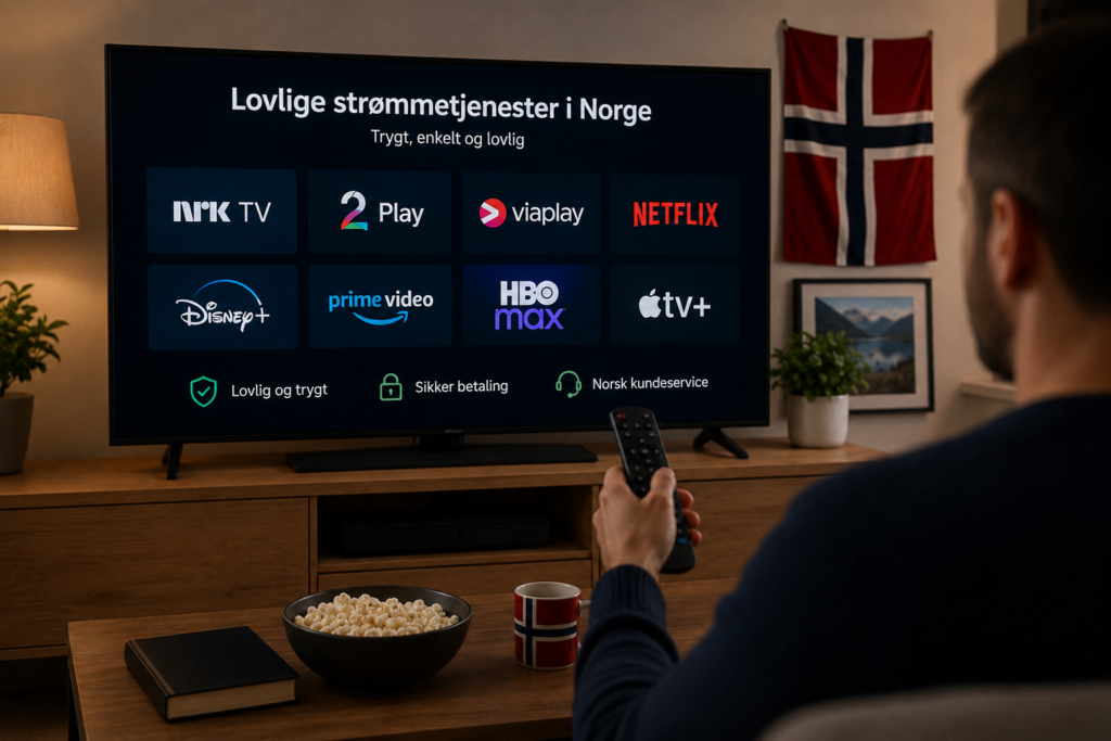 Person velger mellom lovlige strømmetjenester på en Smart TV i en norsk stue, med norsk flagg, sikker betaling og norsk kundeservice.