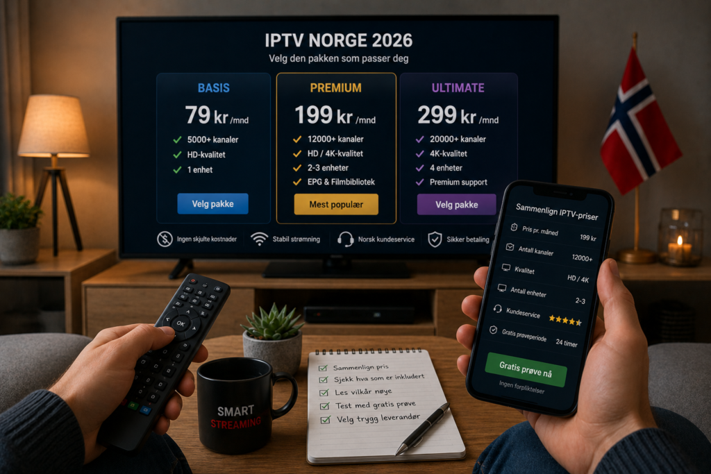 Person sammenligner IPTV-priser og abonnementspakker på Smart TV og mobil i en norsk stue, med sjekkliste for kostnader, vilkår og gratis prøveperiode.
