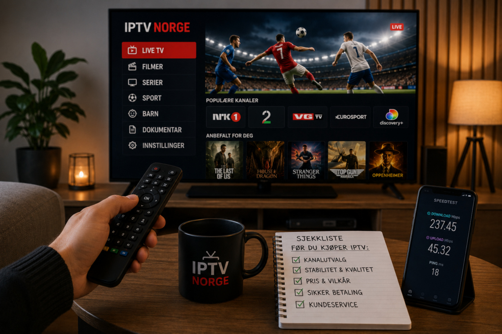 Person tester IPTV på Smart TV med fjernkontroll, hastighetsmåling og sjekkliste for kanalutvalg, stabilitet, pris, sikker betaling og kundeservice.