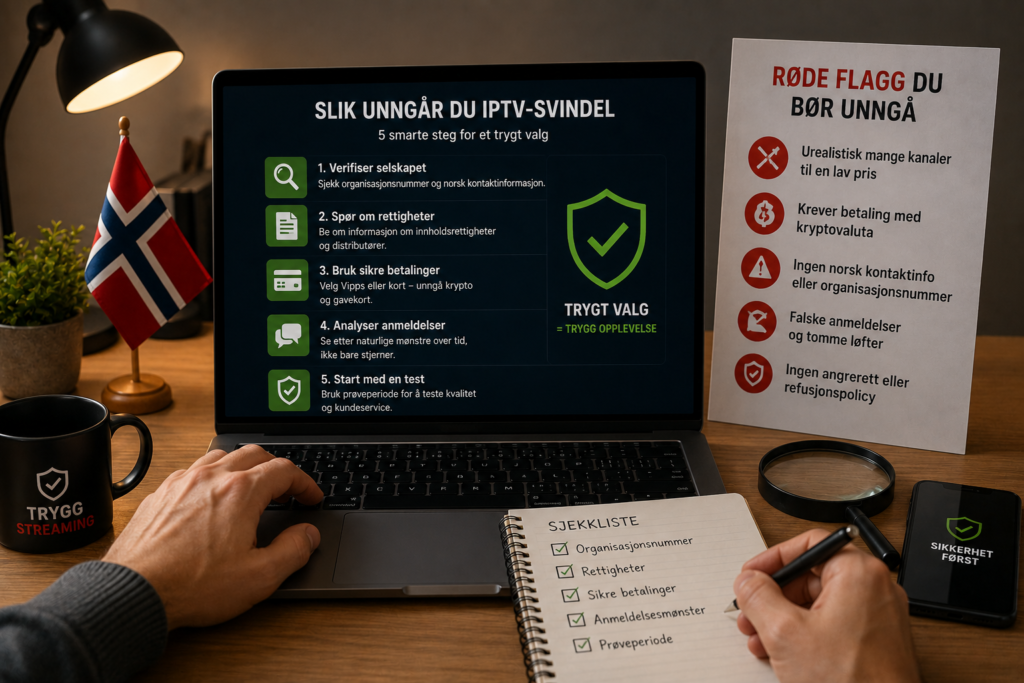 Person undersøker IPTV-svindel på en bærbar PC med norsk sjekkliste, sikre betalinger og røde flagg som kryptobetaling, falske anmeldelser og manglende organisasjonsnummer.